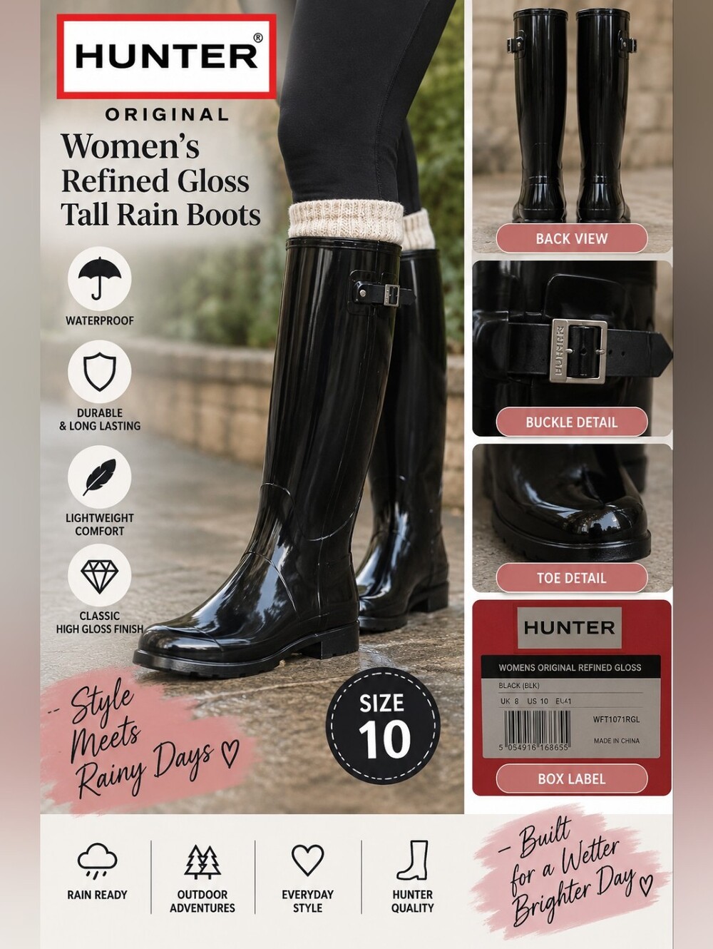 New hunter women's size 10 black refined gloss high top rain boots #31